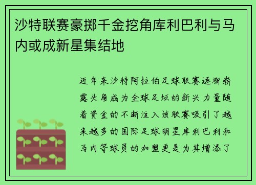 沙特联赛豪掷千金挖角库利巴利与马内或成新星集结地